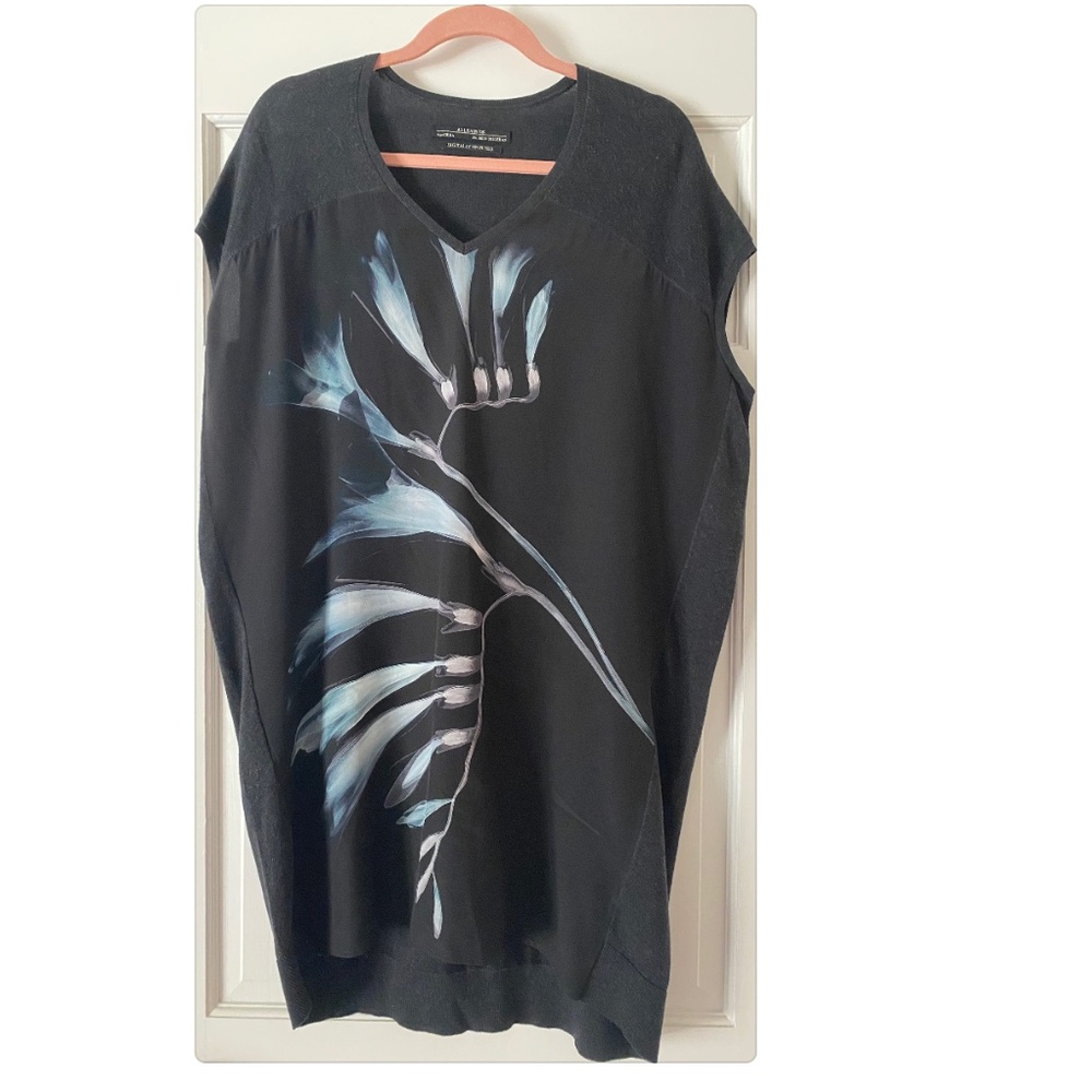 ALLSAINTS DIGITALLY PRINTED FLORAL SILK CASHMERE TUNIC DRESS